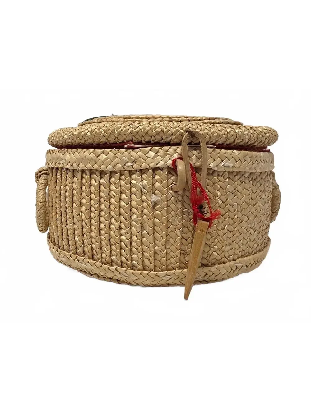 Vintage Chinese Raffia Sewing Basket Floral Lid Red Lined With Buttons